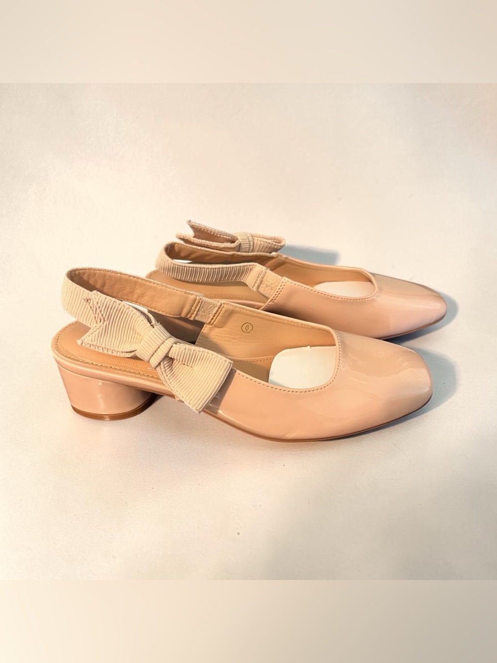 Nude Patent Slingback Low Heel Pumps with Bow Accent